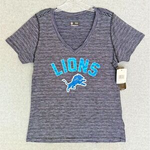 NEW! Detroit Lions Womens Large V-Neck T Shirt Shiny Letters Blue Striped NFL